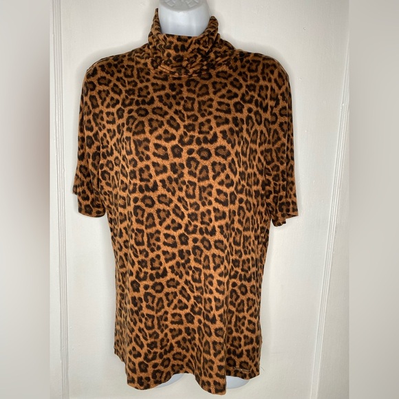 MICHAEL KORS Leopard Print Jersey Knit Turtleneck Top - Picture 1 of 4